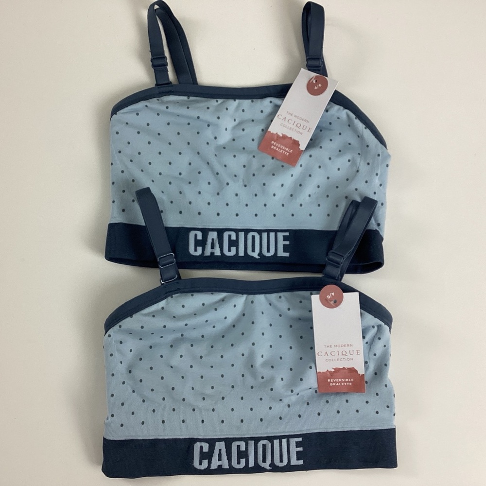 Cacique Reversible Bralette Size 4/6 Blue Polka Dot Logo Nylon NWT New